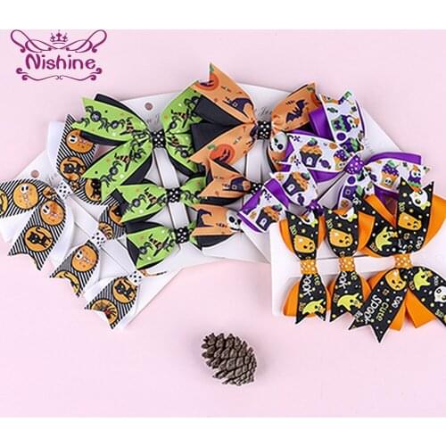 Nishine 3pcs/lot Halloween Childrens Print Bowknot Duckbill Clips Fashion Cartoon Ribbon Bows Bangs Hairpins Baby Girl Headwear