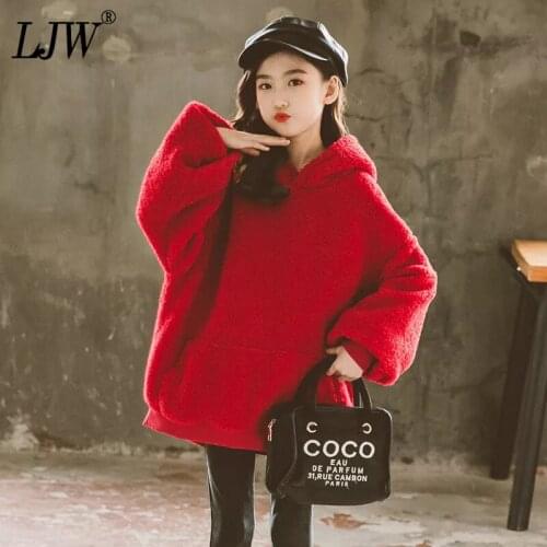 Girls Fleece Plus Velvet Thick Sweater Winter Clothes New Youth Lamb Wool Warm Girls red Hooded Top 8 9 10 11 12Yrs Wear