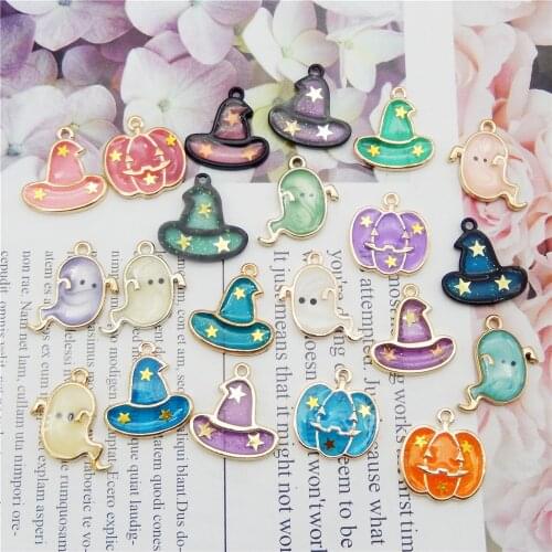 Julie Wang 10pcs Enamel Charms Halloween Decor Alloy Ghost Wizard Hat Pumpkin Mixed Pendant Jewelry Making Accessory Crafts DIY