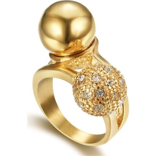 Rhinestone Ball Ring Luxury Gold Color Stainless Steel Iced Out Cocktail Rings For Women Hip Hop Party Jewelry Dropshipping