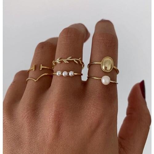 Boho Triangle Imitation Pearl Leaf Geometric Gold Ring Set Womens Retro Sweet Simple Open Round Charm Rings Beach Party Jewelry