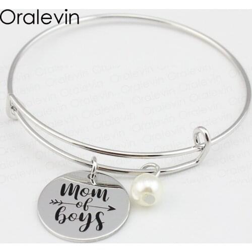 MOM OF BOYS Inspired Hand Stamped Engraved Custom Round Pendent Charms Expandable Wire Bracelet Mother Son Gift Jewelry, #LN148B
