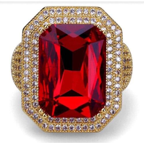 Luxury Gold Color All Rhinestone Mens Finger Print Ring Hip Hop Shiny Iced Mens Ring with Red Zircon Jewelry Engagement Ring