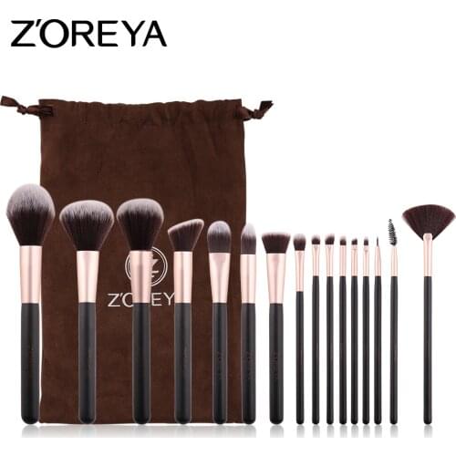 ZOREYA Black Gold Makeup Brushes Set 16pcs Professional Foundation Blending Eyeshadow Eyebrow Powder Blush Makeup Brush Tool Set