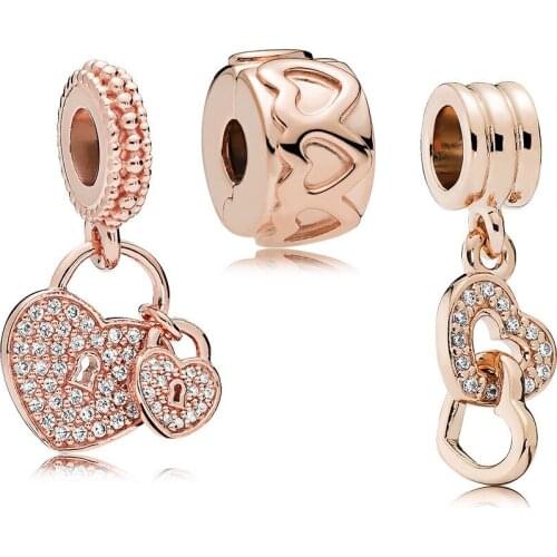 NEW 100% 925 Sterling Silver ROSE HANGING HEARTS CHARM PACK Jewelry Suitable DIY Bracelet Gift Factory Direct RAU0528