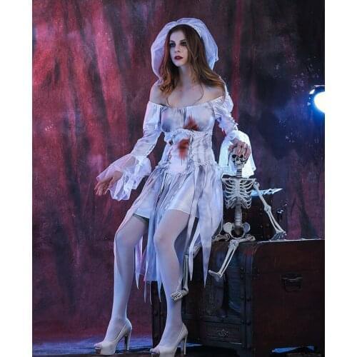 New Halloween Costume Ghost Bride Dress Game Terror Bloody Bride Cosplay Costume Head Yarn 2pcs Set Halloween Costumes