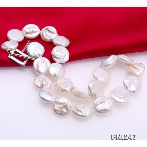 Handmade Real Pearl Jewellery,Top Quality Huge 16.5x17-17.5x19mm White Color Natural Coin Freshwater Pearl Necklace 18