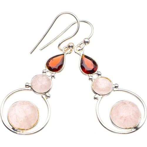 Natural Rose Quartz And Garnet Handmade 925 Sterling Silver Earrings 1.75" D3684