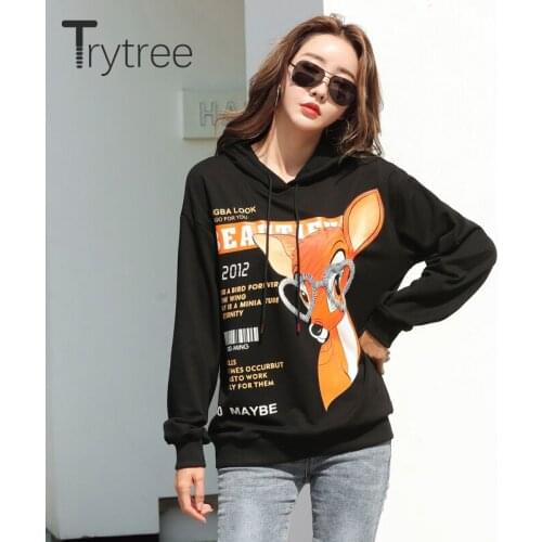 Trytree 2021 Spring Autumn Casual Fawn Printed Cotton Blend Tops For Women Hooded Shirt Black Streetwear Hoodies Dropshipping