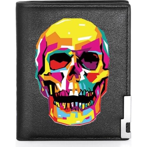 High Quality Luxury Multicolour Skull Printing Leather Wallet Credit Card Holder Short Male Slim Purse For Men