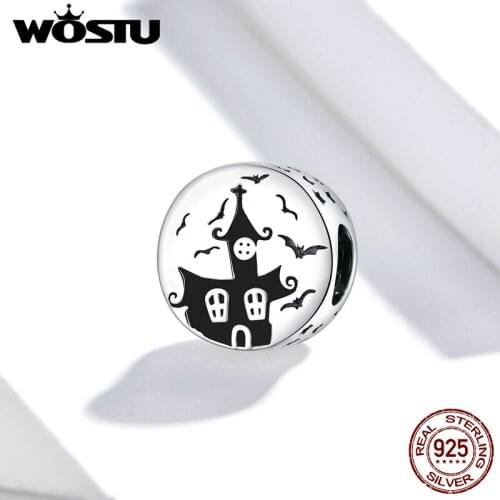 Wostu 925 Sterling Silver Original Charm Ghost Castle CZ Oxidized platinum for Brand Jewelry Make for women Girl SCC1615