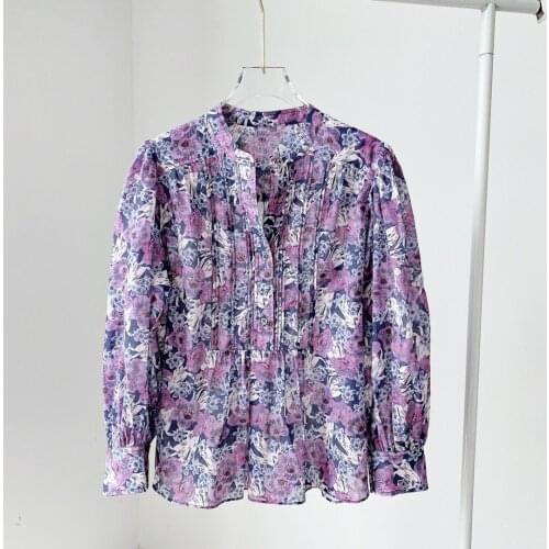 2021 summer Purple Floral Print Cotton Shirt Round Neck Long Sleeves Front Buttons Fashion Blouse Tops