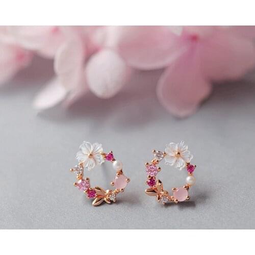 Delicate Jewelry 14K Real Gold Shell Flower Stud Earrings for Women Elegant Butterfly AAA Zircon CZ Heart Earrings