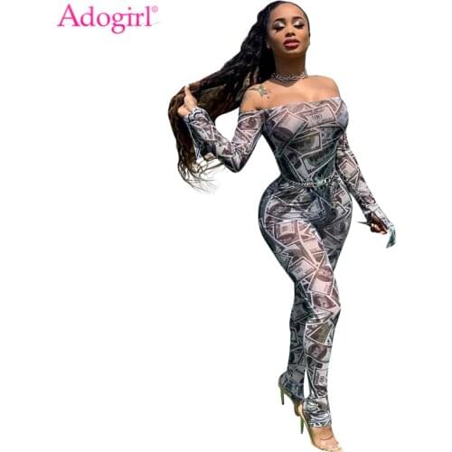 Adogirl Money Dollar Print Sheer Mesh Jumpsuit Women Sexy Off Shoulder Long Flare Sleeve Skinny Romper Night Club Overall Outfit