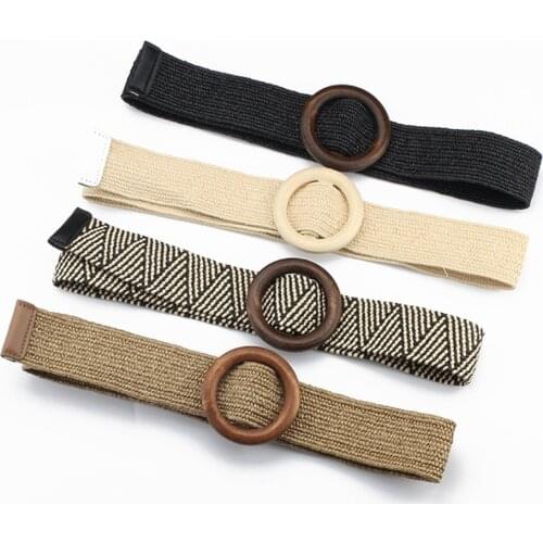 Summer Women Braided Elastic Belt Round Square Wooden Buckle Vintage Bohe Straw Buckle Belt Women Knitted Belt Dress Belt 2021