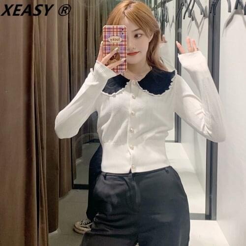 XEASY Women 2021 Fashion With Bejewelled Buttons Cropped Knit Cardigan Sweater Vintage Long Sleeve Female Outerwear Chic Tops