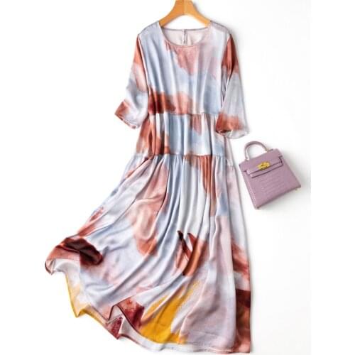 Womens 100% Silk luxury Fashion Heavy Long Dress Long Sleeve Elegant Round Neck Fashion Colorful Ink Prints One Size L1172