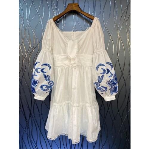 Newest Fashion Autumn Dress 2021 High Quality Women V-Neck Exquisite Embroidery Lantern Sleeve White Royal Blue Dress Vestidos