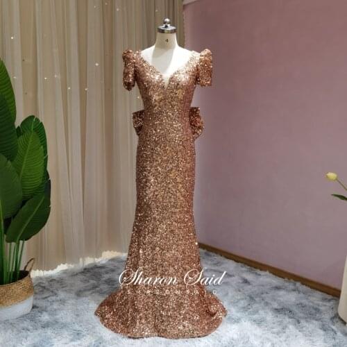 Rose Gold Sequin Mermaid Evening Dress with Bownot Elegant V-Neck Silver Long Prom Formal Dresses for Women Wedding Party Gowns