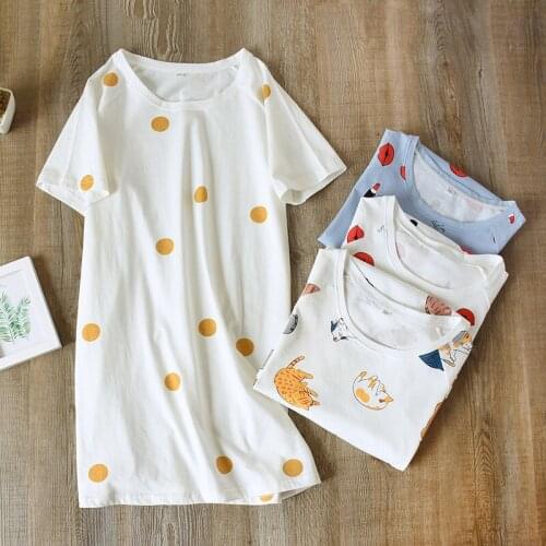 206 Summer 100% Cotton Print Women Night Dress Short Sleeve Ladies T-shirt Thin Fashion Lady Lounge Skirt Nightgown Sleepwear