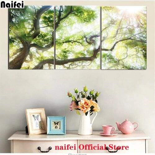 New 5D Diy Diamond Painting 3 Pieces Green Big Tree With Sunlight Full Round Square Diamond Embroidery Triptych Scenery Wall Art