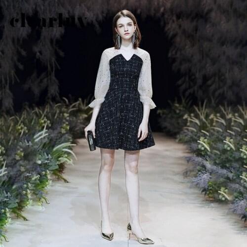 Black A-Line Party Gowns For Girlss DR310 V-Neck Puff Sleeve Elegant Prom Dresses Patchwork Sequin Vestidos Zipper Formal Dress