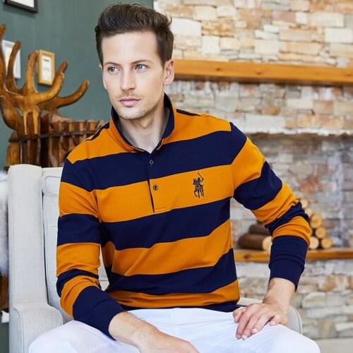 European and American Spring and Autumn Cotton Lapel Long Sleeve Striped T-shirt Middle-aged Mens Business Formal Polo Shirt