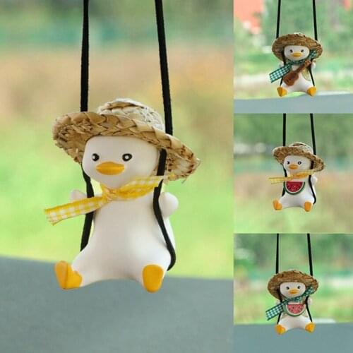 Gypsum Cute Swing Duck Car Pendant Cartoon Plaster Duck with Straw Hat Decorative Hanging Ornaments for Auto Car Interior Decor