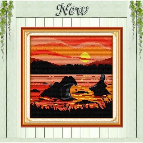 The sunset hippo sea home Decor Counted Print on canvas DMC 11CT 14CT Cross Stitch kits Sets embroidery Needlework DIY paintings