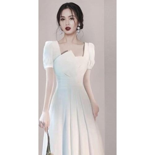 KoukiMa 2021 New Fashion Puff Sleeve Fairy Dress Square Collar Solid Color Irregular High Waist Dresses Temperament Clothing 3XL
