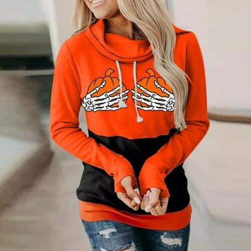 Autumn Hoodie Pumpkin Hands Claw Pattern Halloween Drawstring Hooded Lady Top for Halloween White/ khaki/ orange/ lake blue
