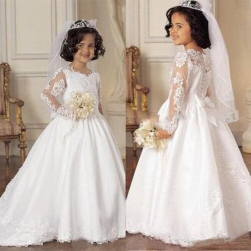 Long Sleeve Flower Girl Dresses A Line V Neck Lace Applique Girls Pageant Dresses For Wedding Party
