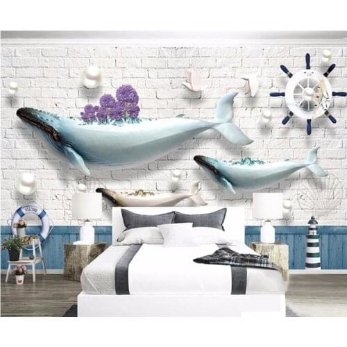 Custom Photo Wallpaper Mural Mediterranean European Wall 3d Wallpaper Children Ocean Whale Lighthouse Sailboat Brick