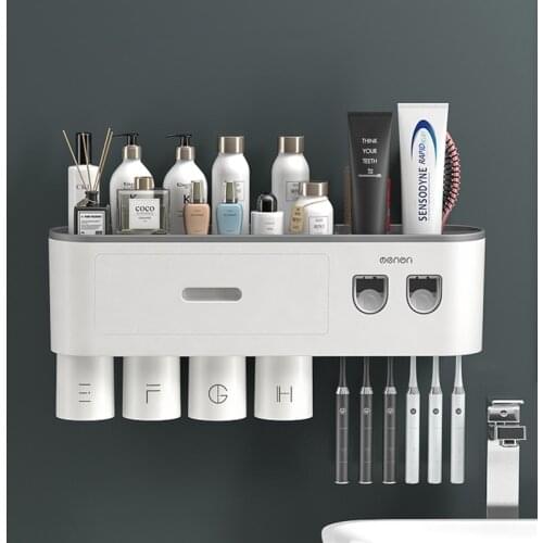 Durable Magnetic Adsorption Inverted Toothbrush Holder Double Automatic Toothpaste Squeezer Dispenser Storage Rack Bathroom Tool