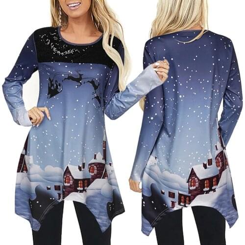 Christmas Women Long Sleeve Elk Snow Print Pullover Irregular Hem Blouse Pullover Tunic Dress