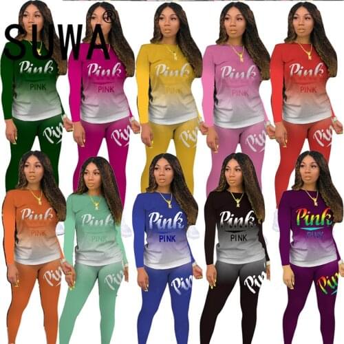 Pink Letter 2 Pieces Sweatsuit O Neck Long Sleeve Print Two Pieces Outfits Lady Casual Slim Tracksuits