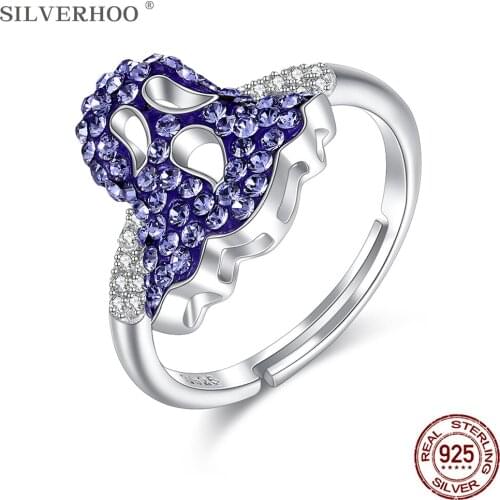 SILVERHOO 925 Sterling Silver Halloween Ghost Austria Crystal Adjustable Vintage Rings For Women Fine Jewelry Personality Ring