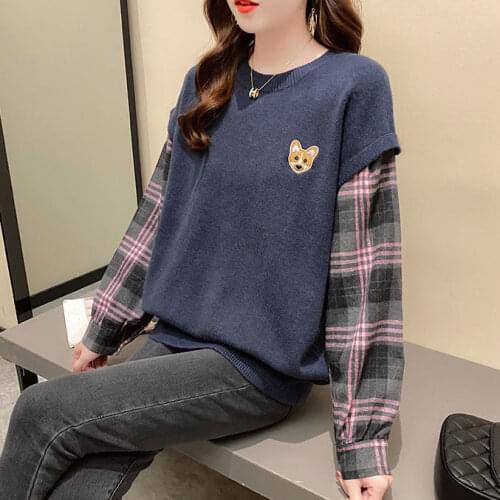 Explosive Fake Two-piece Sweater Women 2021 Spring New Loose All-match Pullover Sweater Spring and Autumn Tops