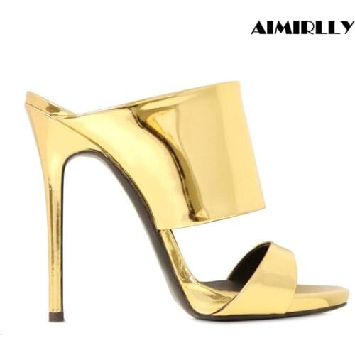 Women Shoes Peep Toe High Heels Sandals Mule Metallic Patent Band Slipper Spring Summer Female Shoes Nude Gold Slip On