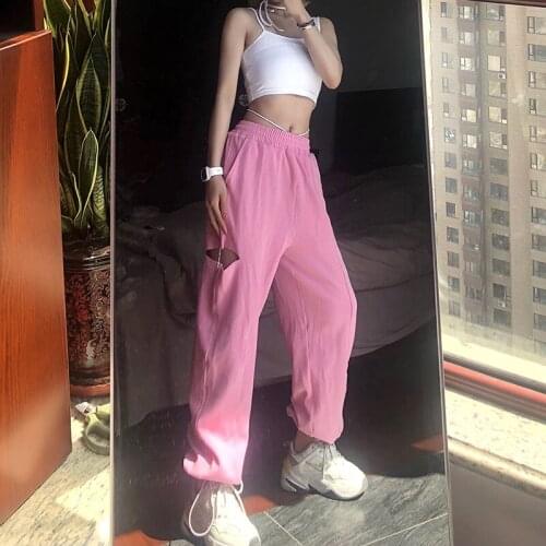 Women High-waist Straight Hole Trousers Solid Color Drawstring Long Pants Casual Loose Sweatpants Streetwear All-match New Pants