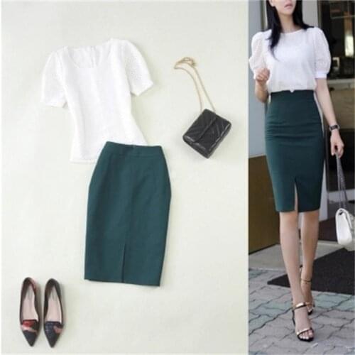 Womens Fashion skirt suits 2019 summer New Lace white hollow small shirt dark green bag hip pencil skirt suit women