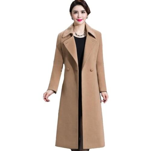 Fashion Women Woolen Coat 2019 Autumn Winter New Elegant Long-Sleeve Solid Woolen Coat Female Middle-Aged Outerwear Plus Size