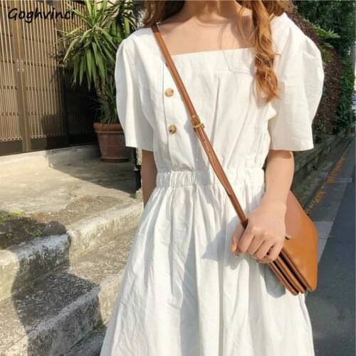 Dress Women Vintage Elastic Waist A-Line Summer Korean Simple Femme Sundress Square Collar Lovely Holiday College Girls Vestidos