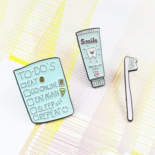 Cute Toothbrush Toothpaste Suit Brooches Enamel Pins TO DO List Badges Cartoon Daily Lapel Pins Jewelry Gifts For Childre