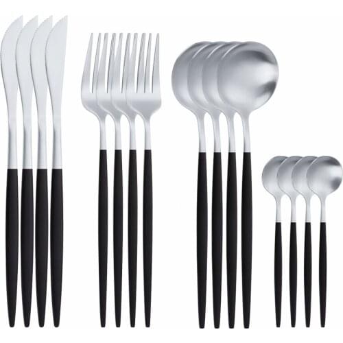 16Pcs Matte Black Silver Stainless Steel Cutlery Tableware Set Dinnerware Flatware Set Forks Knives Spoons Set Travel Silverware