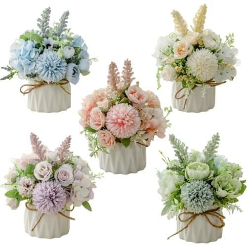 2021 Rose European Style Artificial Flower Pot Bonsai Home Garden Table Room Decor Simulation Green Leave Plant Potted Flower