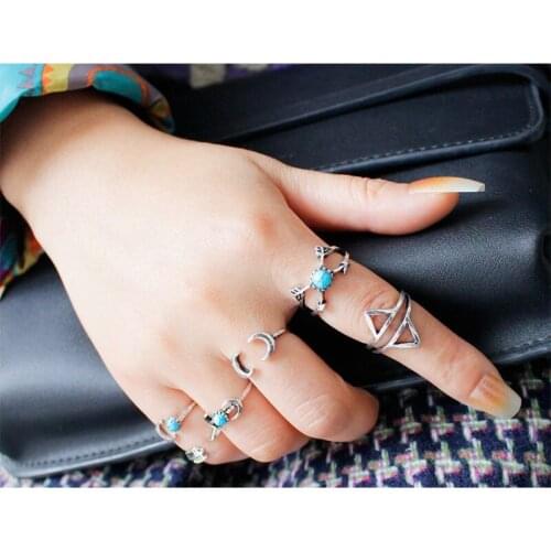 6pcs/set Retro Turquoises Gem Stone Midi Finger Knuckle Ring Different Patterns Combination Rings For Women Girls