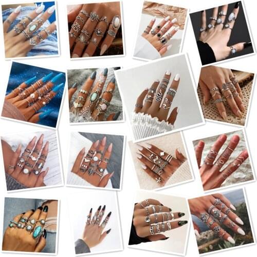 8Pcs/Sets Bohemian Geometric Leaves Rings Sets Boho Vintage Gem Rings for Women Jewelry Accessories