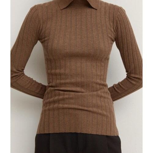 Spring Autumn Silk Cashmere Women Sweater Unique Design Small High Collar Lapel Wool Knitted Pullovers