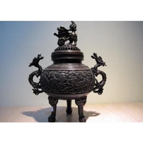 China Buddhism Pure Bronze Two Dragon With Foo Fu Dog Lion Censer incense burner